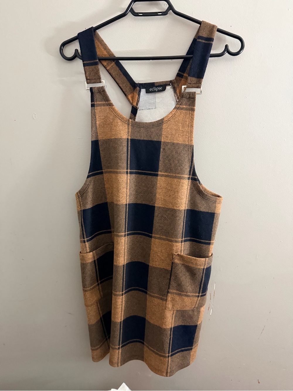Vintage Eclipse Overall Style dress plaid brown w pockets made in Canada